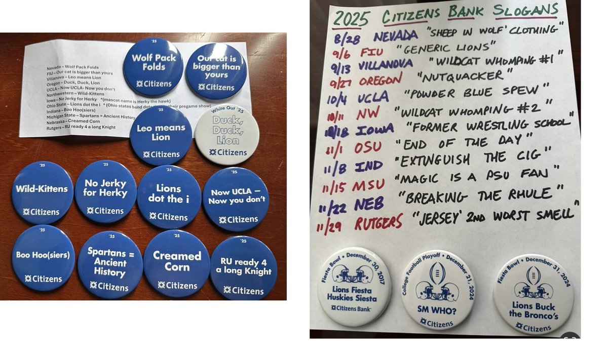 brokenearbutton's tweet image. 2025 set of bank buttons are out. Bought 4 sets to support State College Food Bank. Do remarkable work feeding the hungry of Centre County &amp;amp; beyond.

24th year submitting slogans. 2nd straight year none were used. Gave them a G-rated list in Jan. Which do u honestly like better?