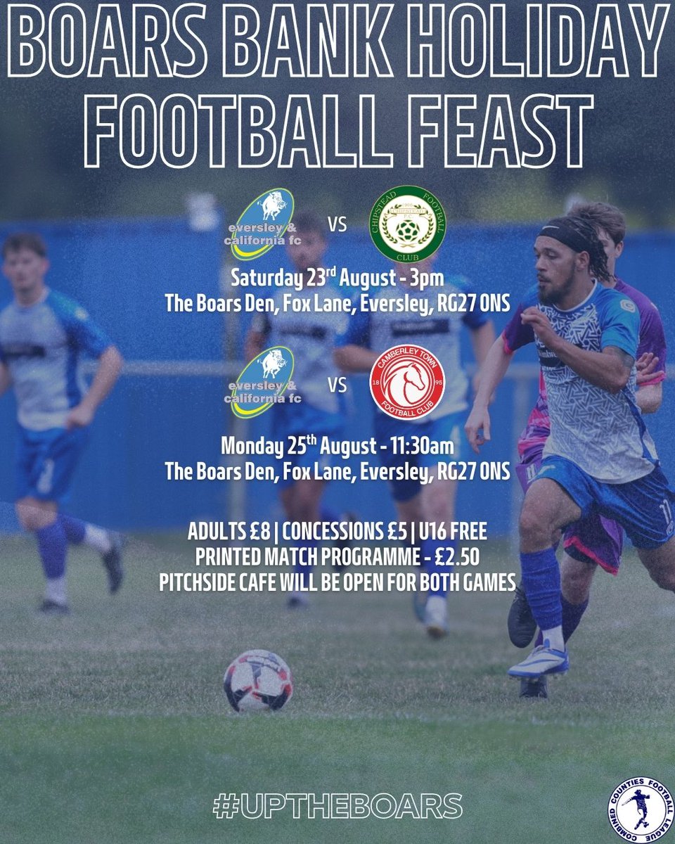 Eversley & California FC ๐ (@eversleycalifc) on Twitter photo ๐๐๐๐ ๐๐๐๐๐๐๐ ๐
๐๐๐๐๐๐๐
๐ข Sat 23 Aug โ 3pm: Boars vs <a href="/chipsteadfcsurr/">Chipstead FC (Surrey)</a>
๐ด Mon 25 Aug โ 11:30am: Boars vs <a href="/CamberleyTownFC/">Camberley Town</a>
๐ Adults ยฃ8 | Concessions ยฃ5 | U16s FREE
๐ The Boars Den, Eversley, RG27 0NS
#UpTheBoars <a href="/NonLeagueCrowd/">Non League Crowds</a> <a href="/NonLeagueHQ1/">NonLeagueHQ</a> <a href="/fiberkshire/">Football in Berkshire</a> ๐๐๐๐ ๐๐๐๐๐๐๐ ๐
๐๐๐๐๐๐๐
๐ข Sat 23 Aug โ 3pm: Boars vs <a href="/chipsteadfcsurr/">Chipstead FC (Surrey)</a>
๐ด Mon 25 Aug โ 11:30am: Boars vs <a href="/CamberleyTownFC/">Camberley Town</a>
๐ Adults ยฃ8 | Concessions ยฃ5 | U16s FREE
๐ The Boars Den, Eversley, RG27 0NS
#UpTheBoars <a href="/NonLeagueCrowd/">Non League Crowds</a> <a href="/NonLeagueHQ1/">NonLeagueHQ</a> <a href="/fiberkshire/">Football in Berkshire</a>