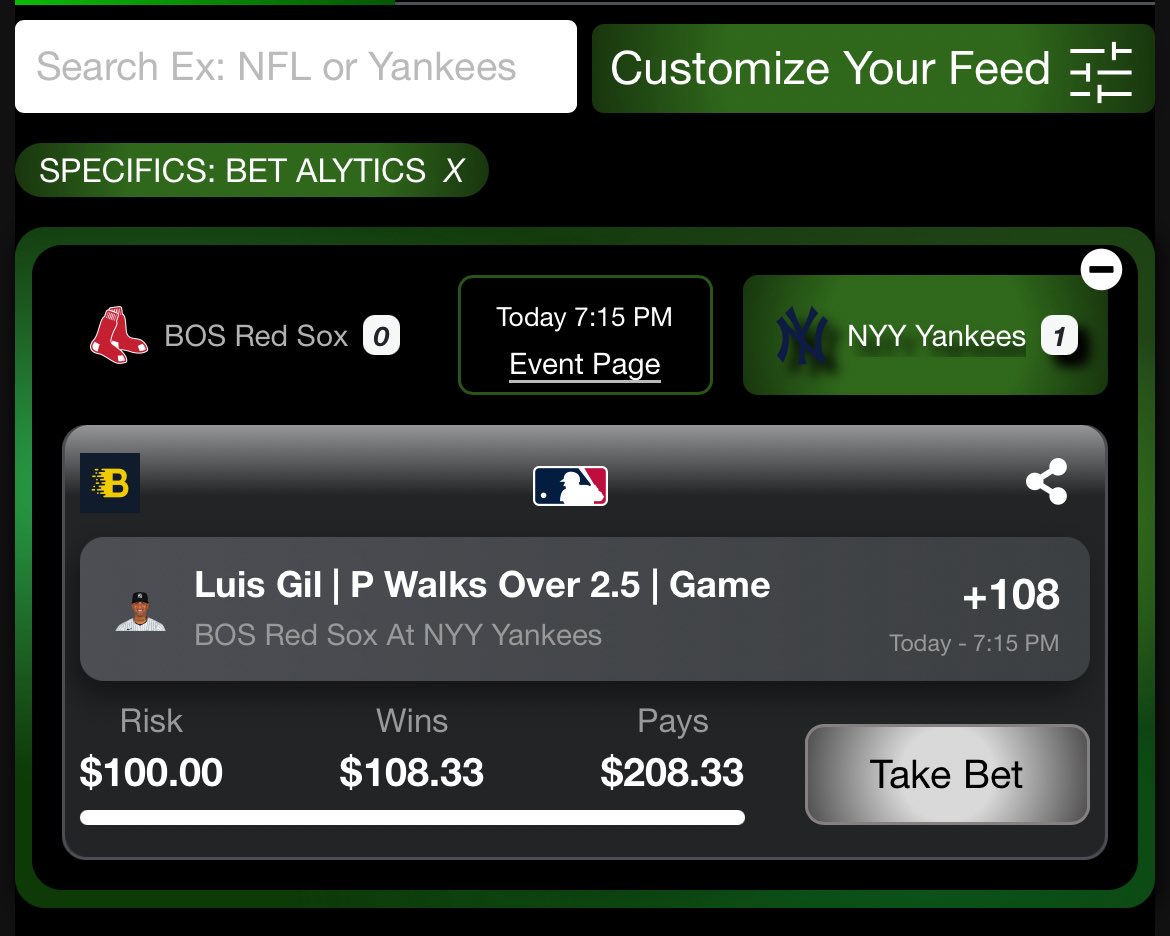 BetAlytics (@betalyticsinc) on Twitter photo Betalytics-verified play now live on <a href="/BetOpenly/">BetOpenly.com</a>! When you see our logo, you know it’s backed by data.
Luis Gill Over 2.5 Walks (+108)
📲 Go grab it now at BetOpenly.com Betalytics-verified play now live on <a href="/BetOpenly/">BetOpenly.com</a>! When you see our logo, you know it’s backed by data.
Luis Gill Over 2.5 Walks (+108)
📲 Go grab it now at BetOpenly.com