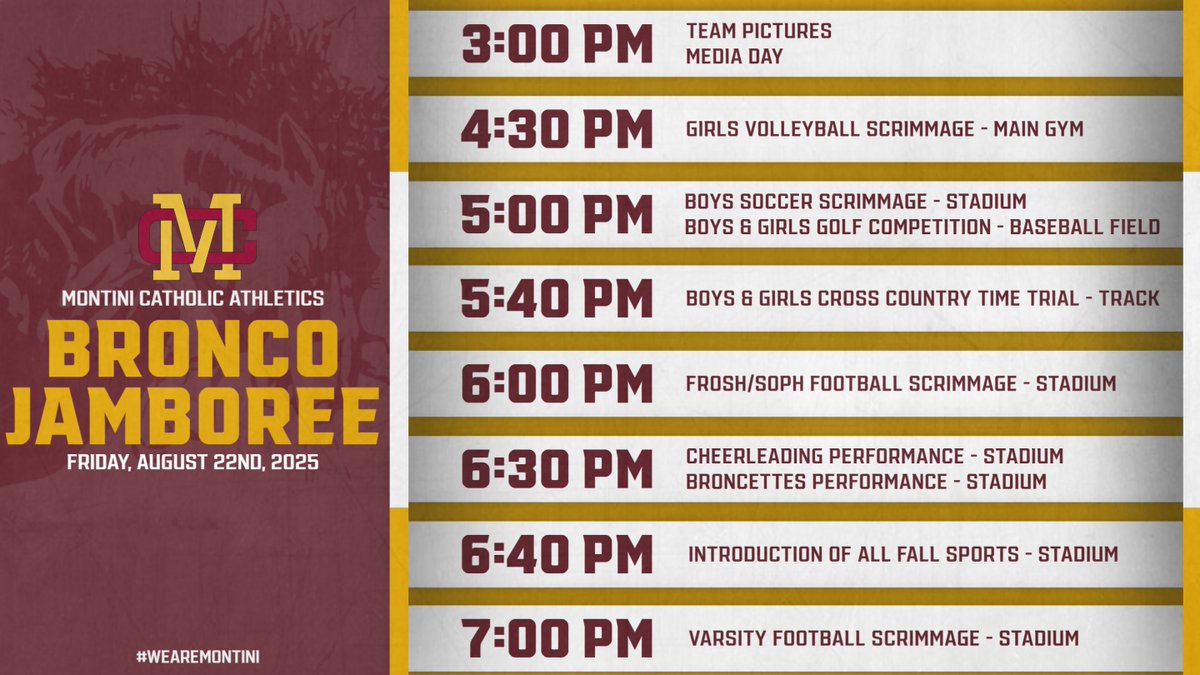 Make your plans to be with us tomorrow night as we unofficially kick off the 2025-2026 athletic year with our annual Bronco Jamboree featuring our Fall Sports teams! The action begins right after school with Pictures/Media Day followed by games/competitions starting at 4:30pm.
