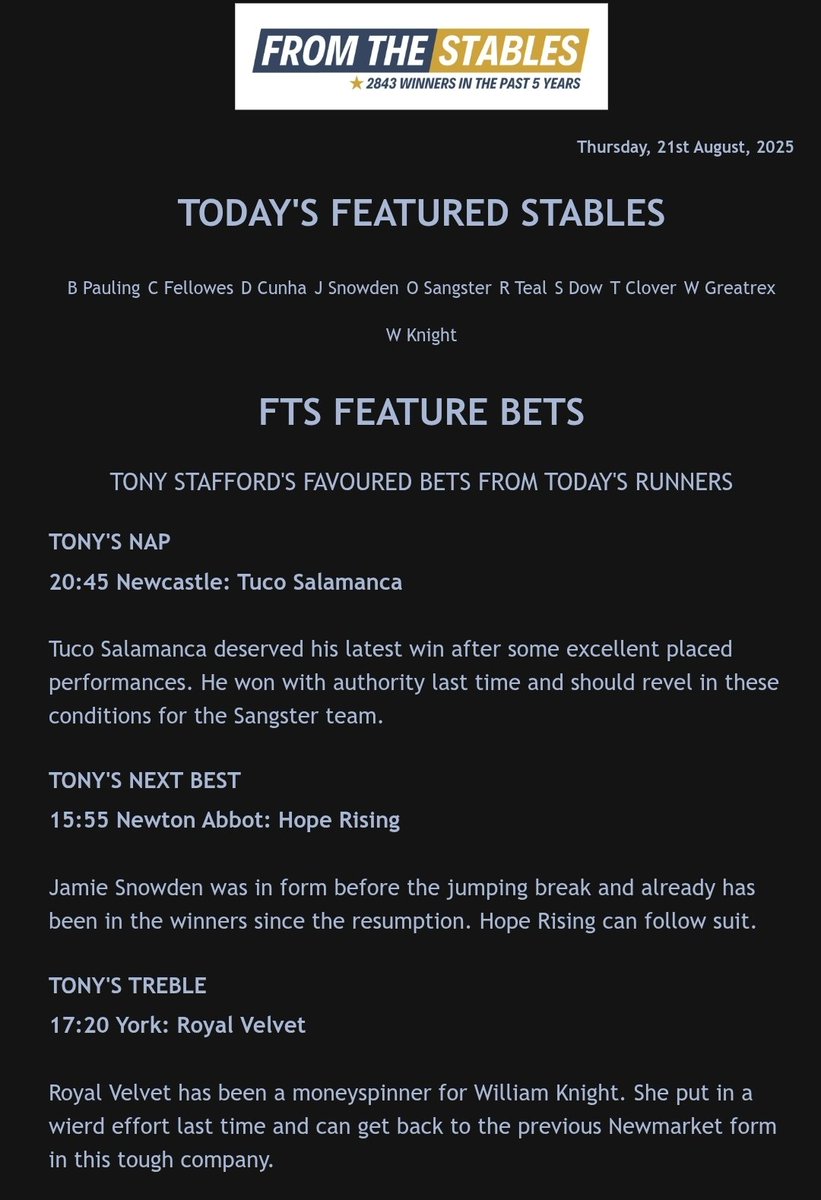 Matt Bisogno (@mattbisogno) on Twitter photo Love being a part of the <a href="/FromTheStables/">FromTheStables</a> team. Terrifically honest trainer quotes, expertly curated by Tony Stafford. Today obviously a very good one, 204/1 winning treble, but great intel every day. Love being a part of the <a href="/FromTheStables/">FromTheStables</a> team. Terrifically honest trainer quotes, expertly curated by Tony Stafford. Today obviously a very good one, 204/1 winning treble, but great intel every day.