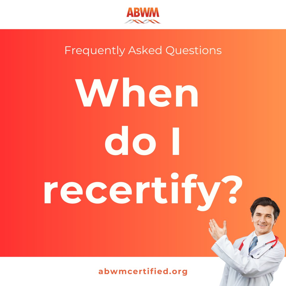 abwmcertified's tweet image. To learn more about the 10-Year Recertification, please visit: abwmcertified.org/certification-…

Be sure to check back next week for another FAQ!

 #ABWM #HealthcareProfessionals #StayCertified