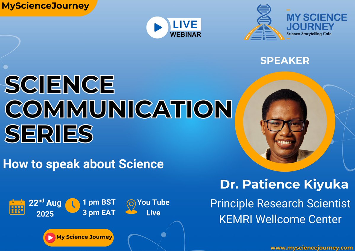 My Science Journey (@journey2science) on Twitter photo What does excellence in #sciencecommunication look like when backed by #data, #diagnostics, and deep #publichealth impact?
Join us live tomorrow on #MSJ as we host <a href="/pkiyuka/">Dr Patience Kiyuka</a>!
youtube.com/live/OHlLhzG6Z… What does excellence in #sciencecommunication look like when backed by #data, #diagnostics, and deep #publichealth impact?
Join us live tomorrow on #MSJ as we host <a href="/pkiyuka/">Dr Patience Kiyuka</a>!
youtube.com/live/OHlLhzG6Z…