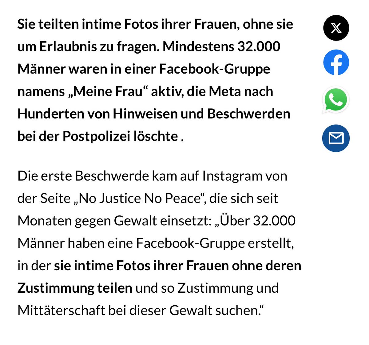 32.000 Männer raffen sich online zusammen, um Bilder ihrer Frauen zu „tauschen“. 

Dass eine Gruppe in der Art so eine Größe erreicht, ist schon räudig genug. Ich hoffe so krass, dass jeder Einzelne verlassen und als übergriffiger Bastard bekannt wird und alleine ins Gras beißt.
