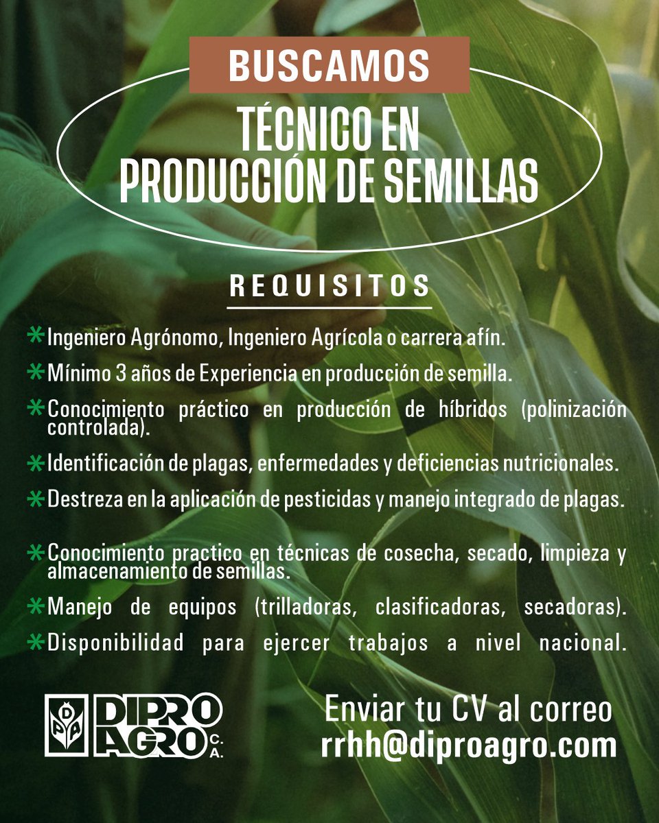 🔎 Buscamos Técnico en Producción de Semillas
Si querés formar parte del éxito, envianos tu CV a rrhh@diproagro.com
Formá parte de nuestro equipo 💪
#BúsquedaLaboral #Empleo #Trabajo #Búsqueda #Equipo