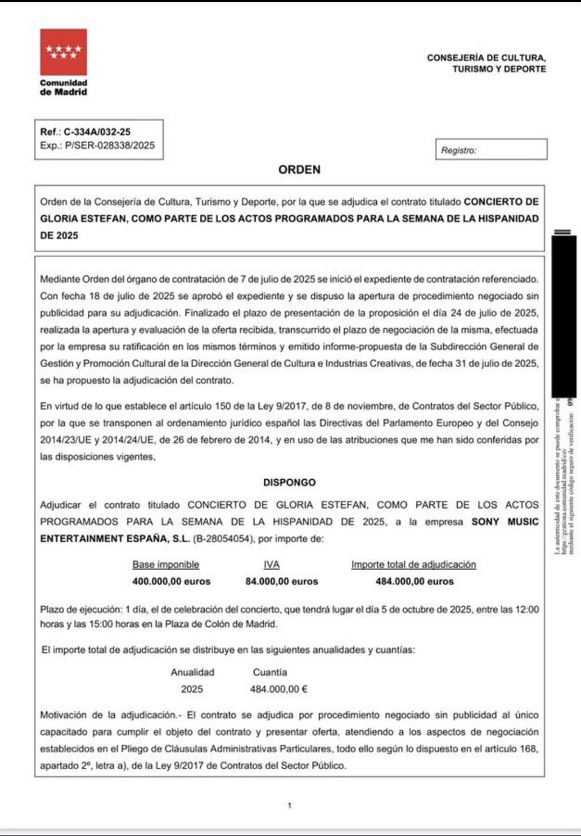 La Comunidad de Madrid dice que <a href="/GloriaEstefan/">Gloria Estefan</a> actuará gratuitamente, pero el contrato dice que nos va a costar 484.000 euros a los madrileños. 
Definitivamente: nos mean y dicen que llueve. Y lo peor quienes les creen