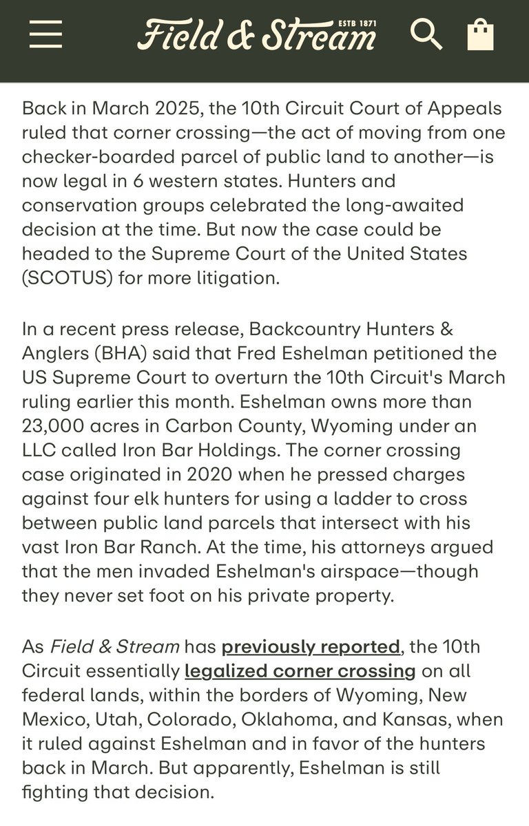 _Travis_Hall's tweet photo. Absentee Wyoming landowner and pharmaceutical mogul Fred Eshelman wants SCOTUS to overturn a recent 10th Circuit ruling that opened millions of acres corner-locked #publicland in several Western states. The fight over #cornercrossing isn’t over. https://t.co/WhTWK5QHUD