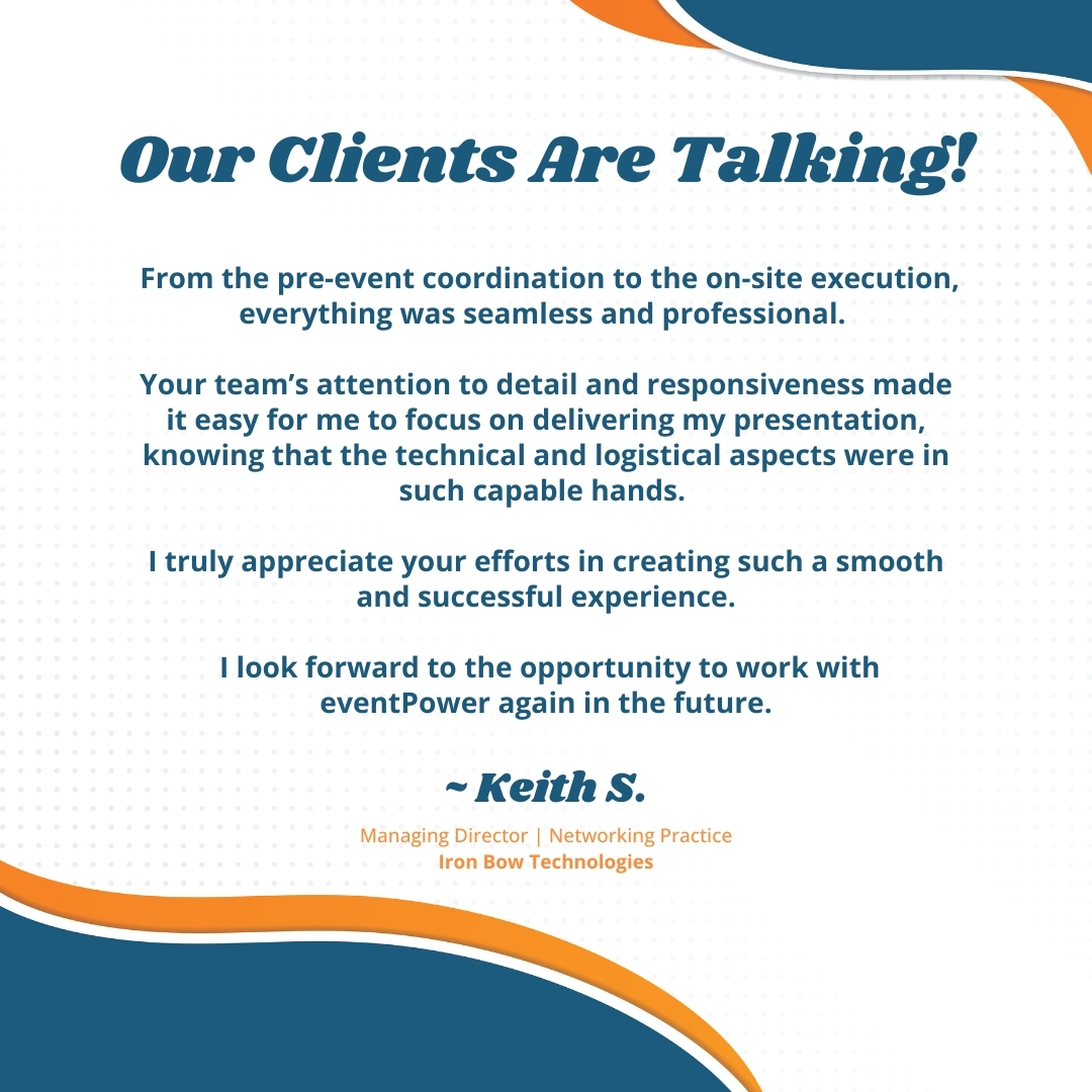 eventPower_ep's tweet photo. Our clients are talking about eventPower, and we love hearing what they have to say. Thank you, Keith, for your kind words! 

#eventPower #eventtech #conferencemanagement #eventplanning #meetingpros #eventmanagementsoftware #clienttestimonial https://t.co/Ztgh7Vdls9