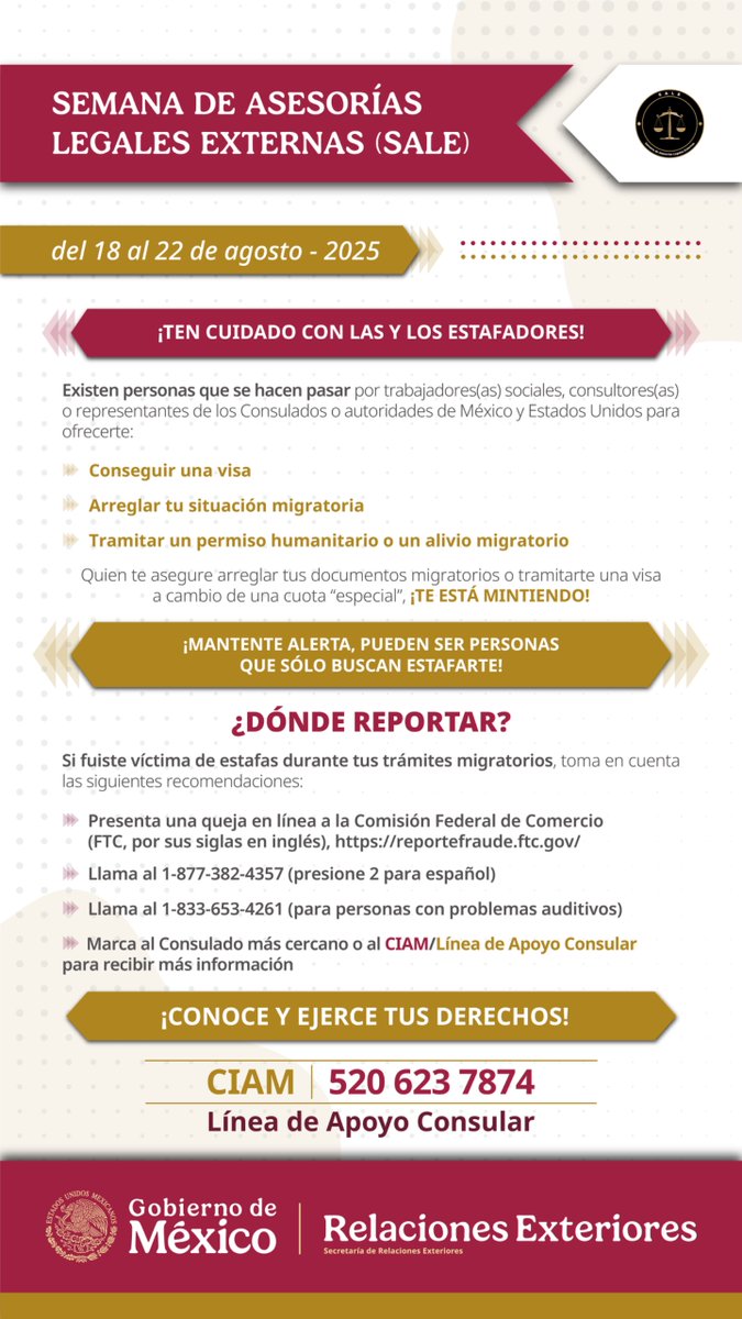 Reciba asesoría legal gratuita por parte de abogados especializados y firmas aliadas a la Representación⚖️

Para mayor información llama al (919) 615 3672☎️

#EvitaFraudesMigratorios; #NoTeDejesEngañar; #CIAM;  #ProtecciónConsular; #ConoceTusDerechos; #SALE; #PALE.