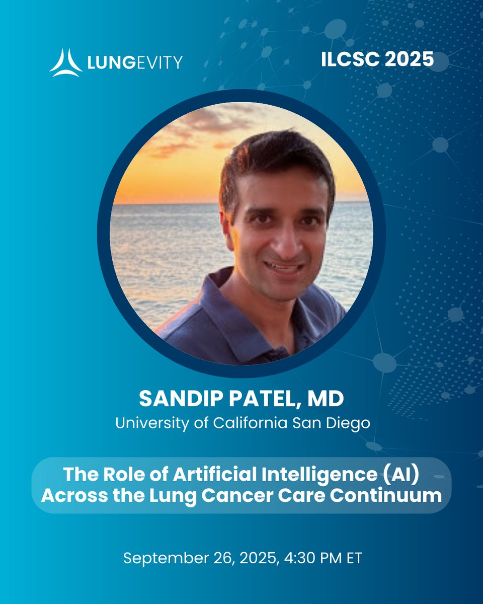 LUNGevity's tweet photo. How is AI affecting lung cancer care?
Join us for the virtual #ILCSC25 on 9/26 to hear @PatelOncology (@UCSD)'s presentation on The Role of Artificial Intelligence Across the Lung Cancer Care Continuum. Register for free by visiting https://t.co/gWrFHCOOks
#lcsm #AI https://t.co/9PSW2TiYGo