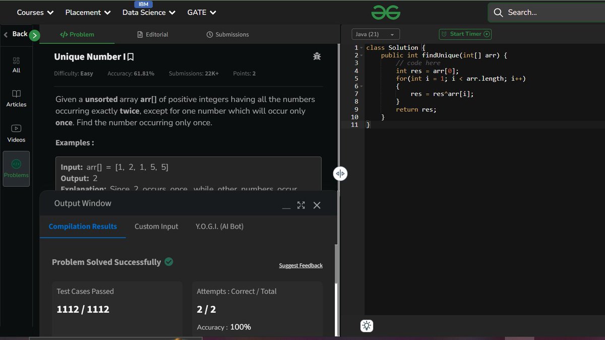 Agra2279Raghav's tweet image. 🌀 Day 159 – GFG160
🔎 Unique Number I
🧾 arr = [1, 2, 1, 5, 5]
✅ Output: 2
⚙️ XOR all elements → duplicates cancel out, single remains
⏱️ O(N) time, O(1) space
📌 arr size up to 10⁶, values up to 10⁹
#day159 #gfg160 #xor #array #geekstreak2025 
@geeksforgeeks