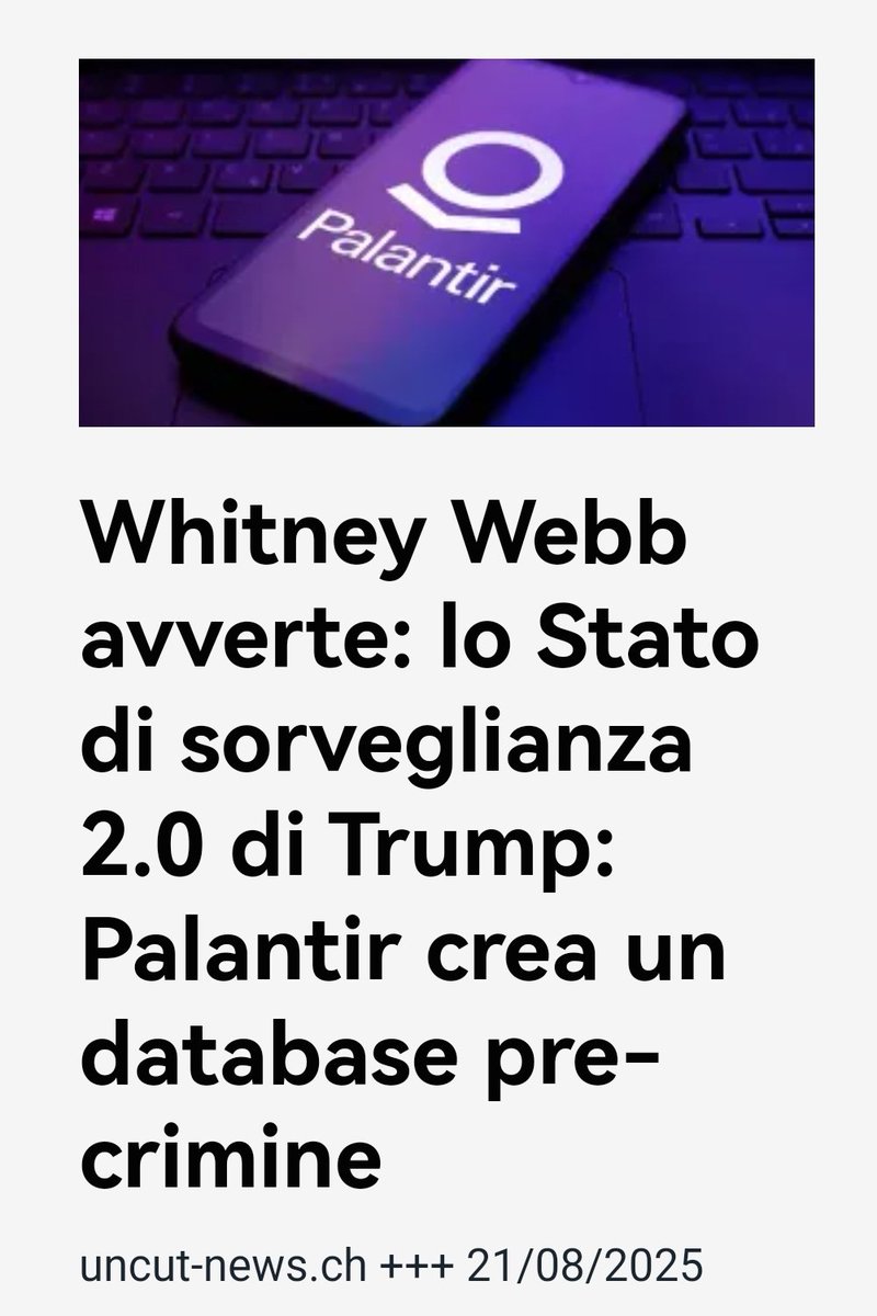 22 agosto 2025

ZIO DONY HA ISTITUITO IL REATO DI "PER-CRIMINE": SI PUÒ ESSERE INCRIMINATI NELLE IPOTETICHE INTENZIONI SECONDO LA IA

In italiano:
facebook.com/share/p/17ELdV…

La notizia:
uncutnews.ch/whitney-webb-w…