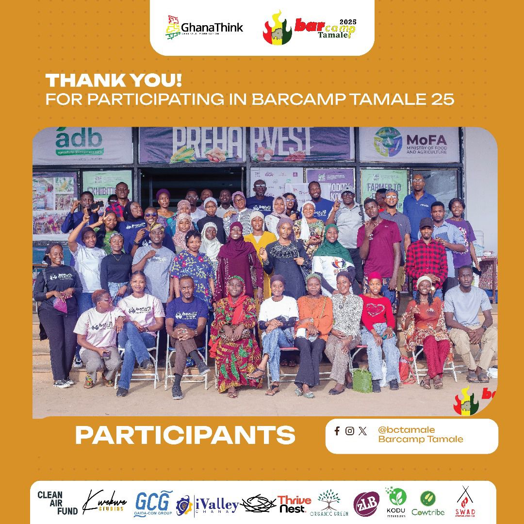 ✨ #BarCampTamale 2025 was 📷 Join us
@GhanaThink to say Thank You to our #Barcampers. 
Mpagya.
#CleanAirFund, #Cowtribe, #KwekweStudios, #gaidacomgroup, #iValleyGhana, #ThriveNest, #ZLBEntreprise, #OrganicGreen, #KoduTechnology, #SWADKitchenBar, #HopinAcademy. 
#tamalekonnect
