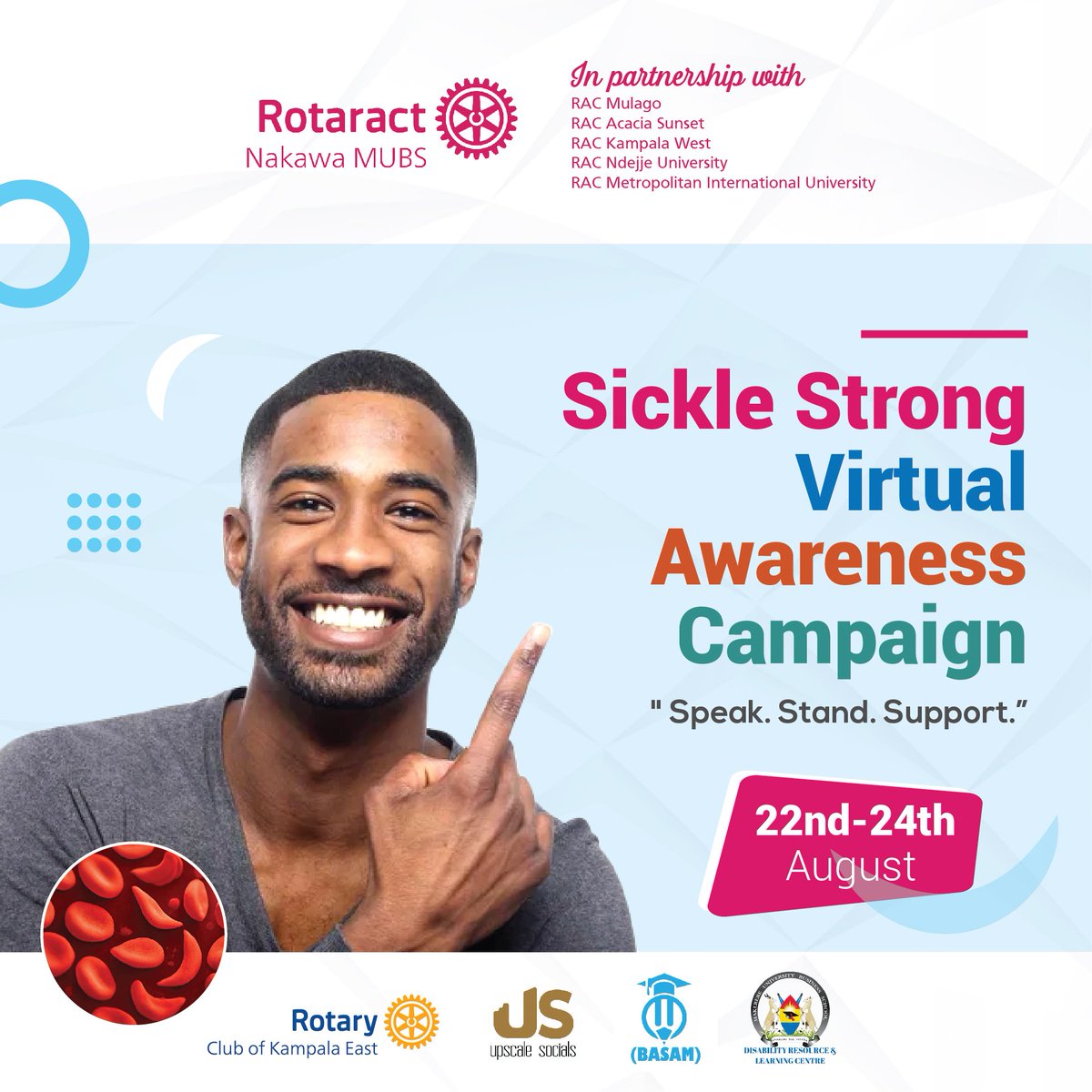 We are glad to be partnering with <a href="/rctnakawamubs/">Rotaract Nakawa MUBS</a> on  a virtual campaign aimed to create more awareness about SCD Join us as we Speak, Stand and Support the warriors

 #SickleStrongCampgain 
#ForUnityAndAcademicExellence