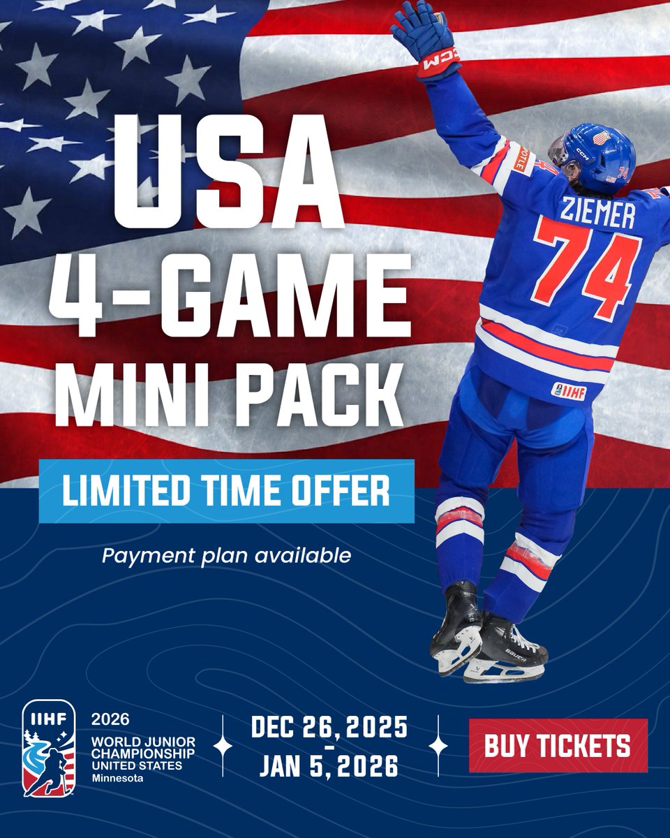 🇺🇸 The USA 4-Game Mini Pack is here—but it’s limited!!

See every Team USA prelim matchup this December at Grand Casino Arena. Plus, get priority access to medal-round tickets. 

🎟️ » worldjuniorsmn26.com