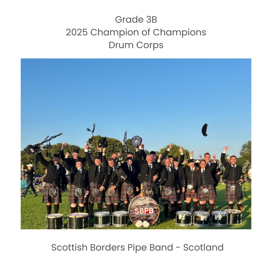 2025 World Pipe Band Champions!

Congratulations to 'Scottish Borders Pipe Band' - Scotland, was awarded the  Grade 3B Champion of Champions drum corps title.
⁠
#2025wpbc #pipebandlife #andantedrums #andantedrumsofficia
