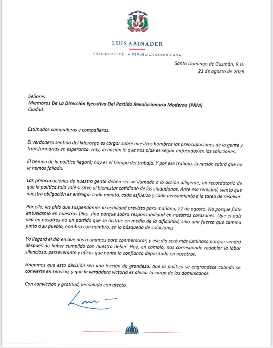 El Presidente, en cada situación,  hace lo que más le conviene al Pais, por eso suspende la celebración política. Luis Abinader PREPARANDO REPÚBLICA  DOMINICANA  PARA  EL  FUTURO. <a href="/luisabinader/">Luis Abinader</a>  He enviado esta carta a la Dirección Ejecutiva de nuestro partido, el <a href="/PRM_Oficial/">PRM</a>