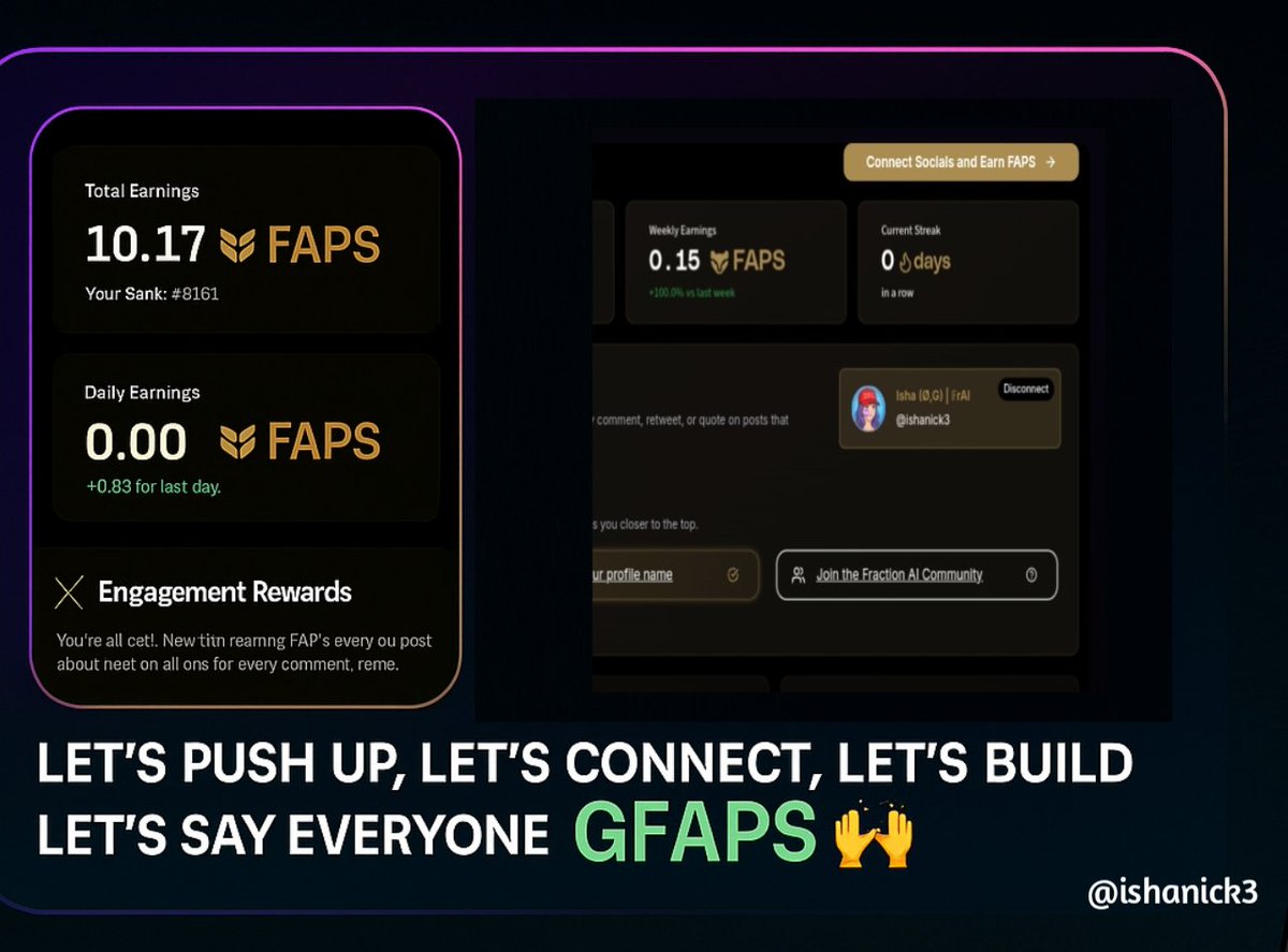 isha (✸,✸) (Ø,G) (HUDL) (@ishanick3) on Twitter photo Missed a day, but consistency is the real alpha
Back again with <a href="/FractionAI_xyz/">Fraction AI</a> grinding for $FAPS 🔥
Streak reset, but vision never stops.
GFAPS fam, let’s push together 💙
#FractionAI #GFAPS #DeAI Missed a day, but consistency is the real alpha
Back again with <a href="/FractionAI_xyz/">Fraction AI</a> grinding for $FAPS 🔥
Streak reset, but vision never stops.
GFAPS fam, let’s push together 💙
#FractionAI #GFAPS #DeAI