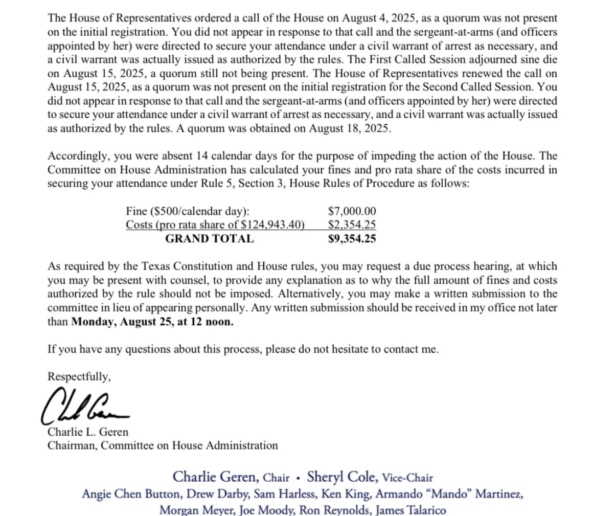 Here’s part of the memo sent to Texas House Democrats who broke quorum. Shows the members incurred a $7k fine per day absence plus a share of the $125k costs incurred by the House, per the memo. Payment due 8/25. #txlege
