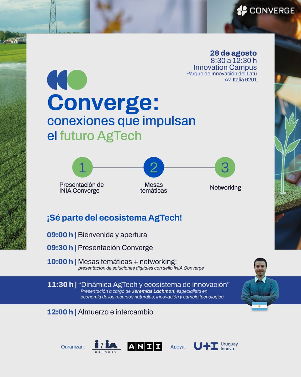 "Converge: conexiones que impulsan el futuro AgTech", un evento que reúne a empresas tecnológicas, emprendedores, productores y personas interesadas en el agro.
28 de agosto a las 8:30, en el Campus de innovación del LATU.
Inscripciones en lu.ma/2t9hd8ov