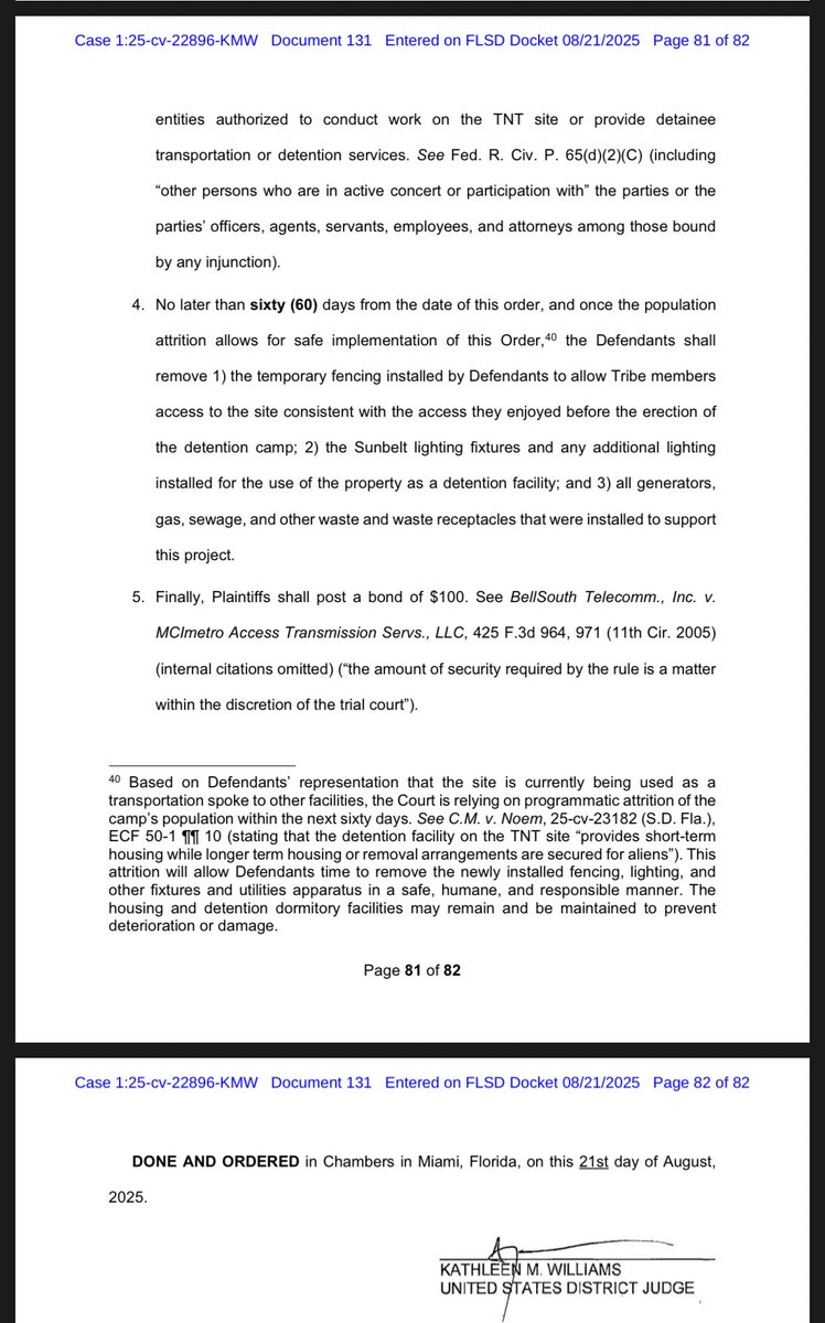 JUST IN: A federal judge has barred the Trump admin and FL from bringing new detainees into “Alligator Alcatraz” and to dismantle some aspects of the facility as current detainees are moved out. storage.courtlistener.com/recap/gov.usco…
