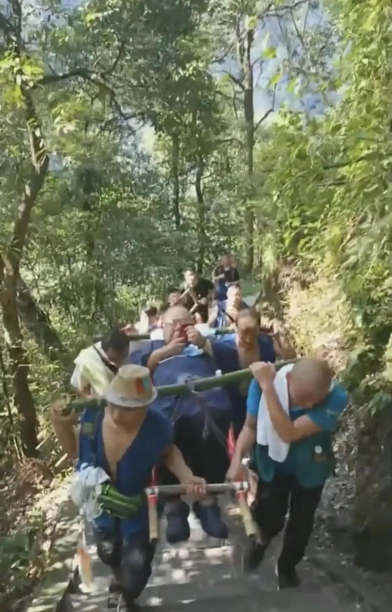 【263斤男子花2万请9名轿夫抬上峨眉山】
近日，一位体重超重的游客在四川峨眉山景区坐滑竿上山，请了9个轿夫轮流抬，共花费22100元。一名抬滑竿的方姓轿夫表示，抬上山和下山总里程有42公里，共用时约10小时。一路上，他们四人一组轮流抬，累了就换，一人负责开路，以免撞到行人。