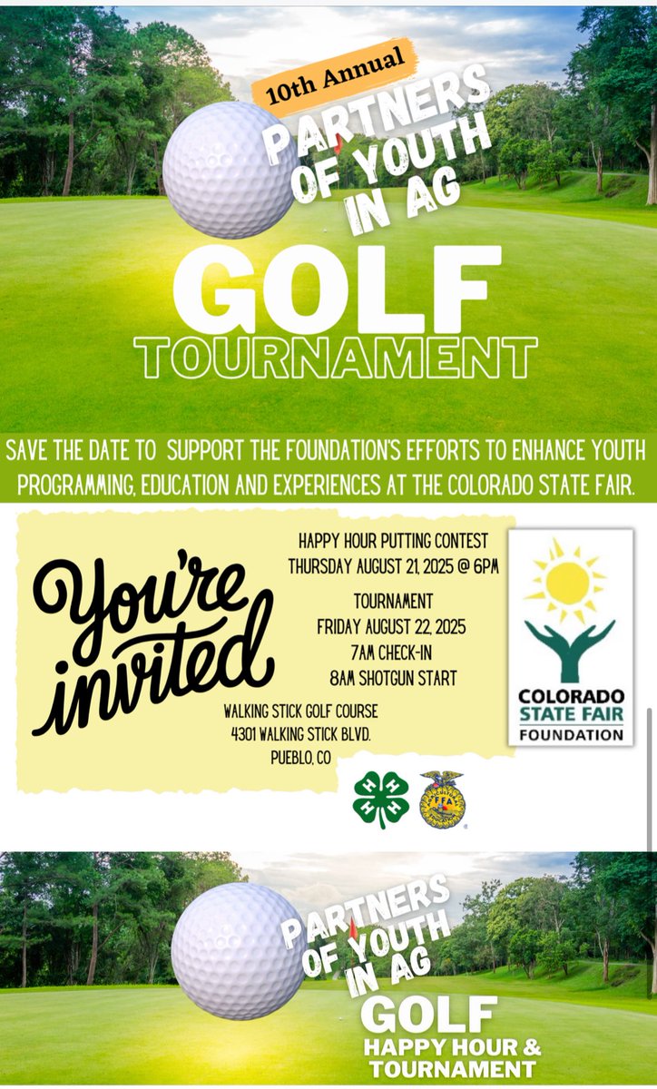 Kicking off the 10th Annual Partners of Youth in Ag Golf Tournament with a special Happy Hour gathering tonight!
We're celebrating a decade of community impact and support for Colorado's future agricultural leaders -over $300,000 raised for FFA &amp; 4-H,
#YouthInAg #COStateFair