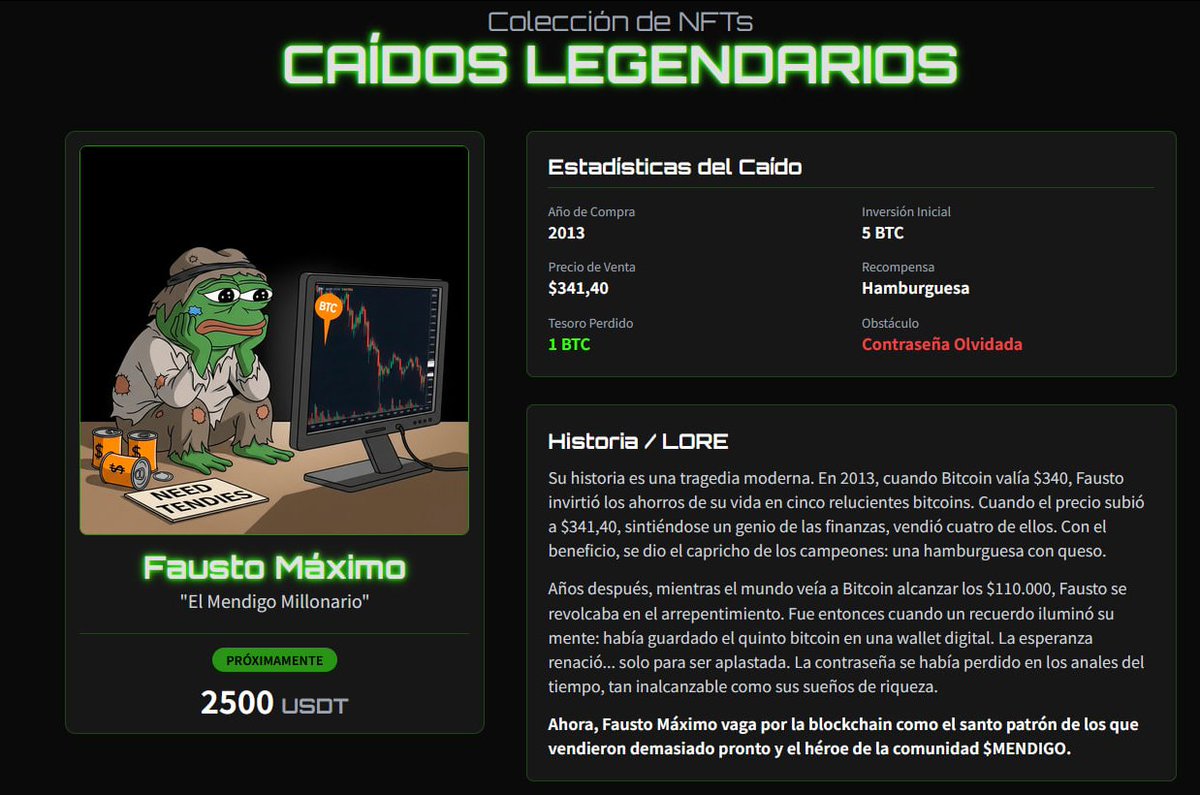 MendigoCoin's tweet photo. The legend comes to life! 🔥

The $MENDIGO universe is expanding. We are launching our first NFT collection soon: the "Legendary Fallen".

Meet our first NFT: Fausto Máximo. The story of a fortune lost for a cheeseburger. 🍔

Are you ready?

#MENDIGO #NFT #Crypto #Memecoin #NFTCommunity #Solana