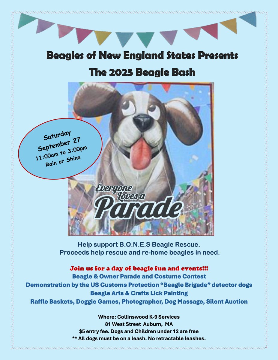 BONESbeagles's tweet photo. Mark your calendars! ๐พ The Beagle Bash is coming soon!
Join us on Sunday, September 28th for a day of fun, food, and beagles! We can't wait to see you there.
#BeagleBash #Beagles #SaveTheDate #DogEvent #Boston #dogsofx https://t.co/sjuYvaxKyX