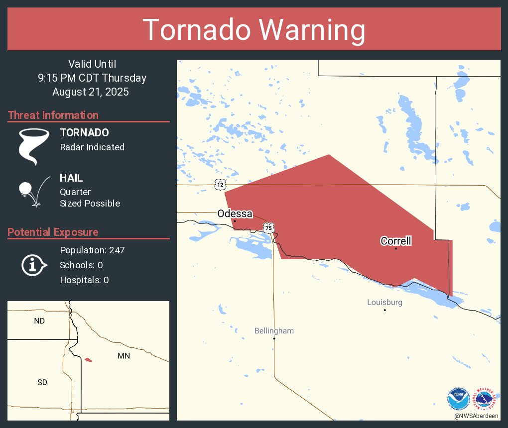 Tornado Warning including Odessa MN and  Correll MN until 9:15 PM CDT