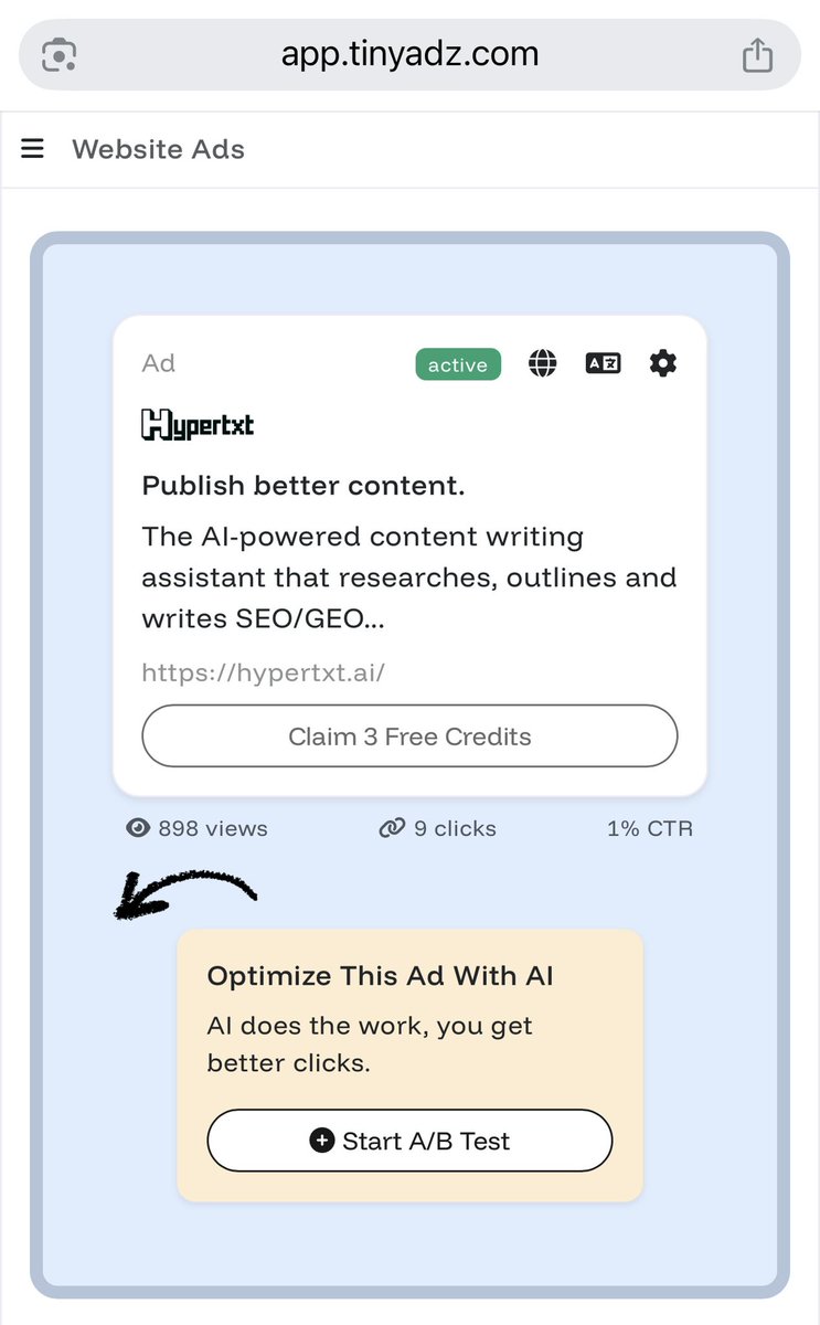 I’m pressure testing <a href="/johnrushx/">John Rush</a>’s <a href="/tinyadz_/">tinyadz</a> platform this month.

I purchased the $199/mo plan.

I’ll report back with results soon.

#buildinpublic