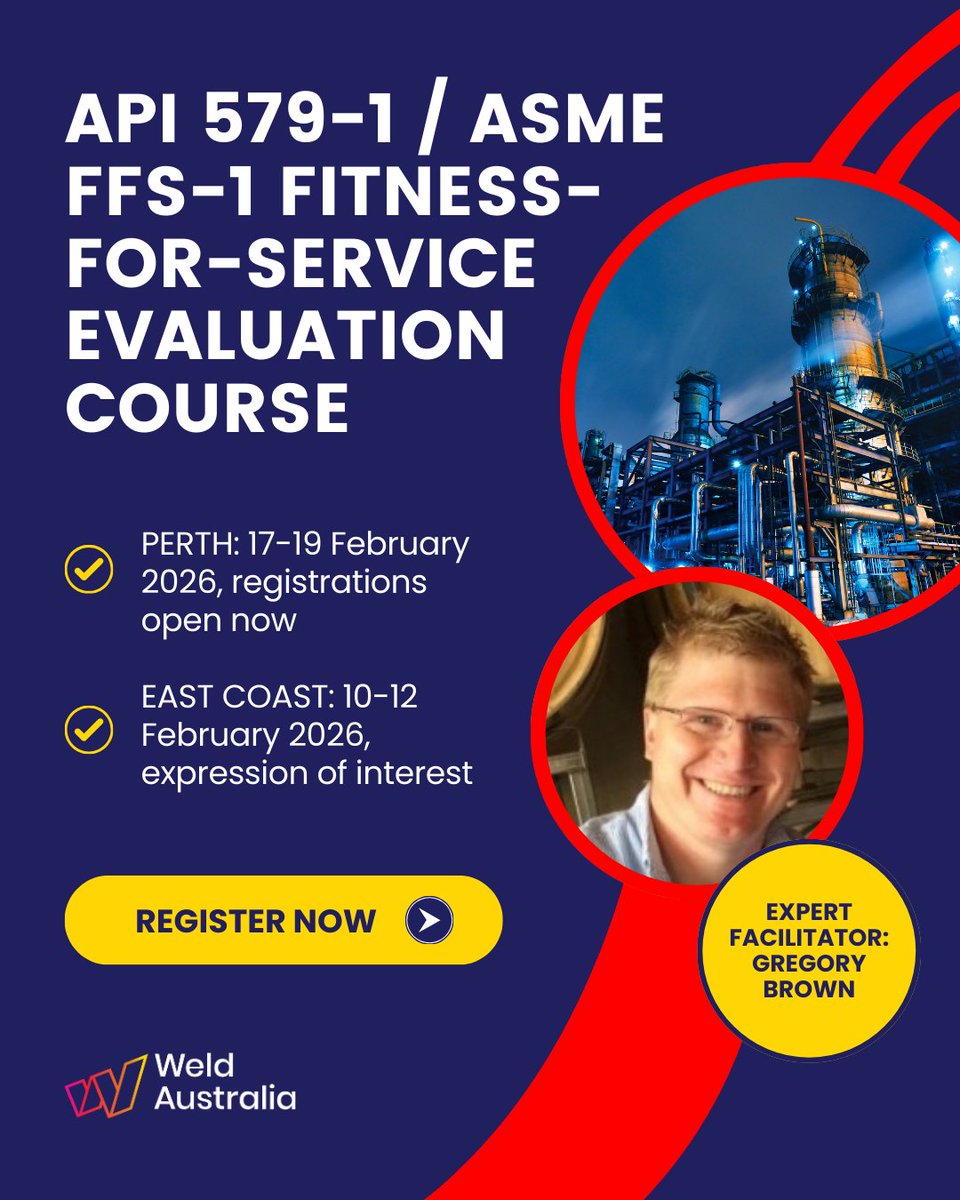 WeldAustralia's tweet image. Level up your asset integrity decision-making with our 3-day API 579-1 / ASME FFS-1 Fitness-for-Service course. Learn how to assess whether #PressureVessels, #piping &amp;amp; #tanks are fit for operation &amp;amp; apply the standard confidently in your day-to-day work.

bit.ly/41IlPtz