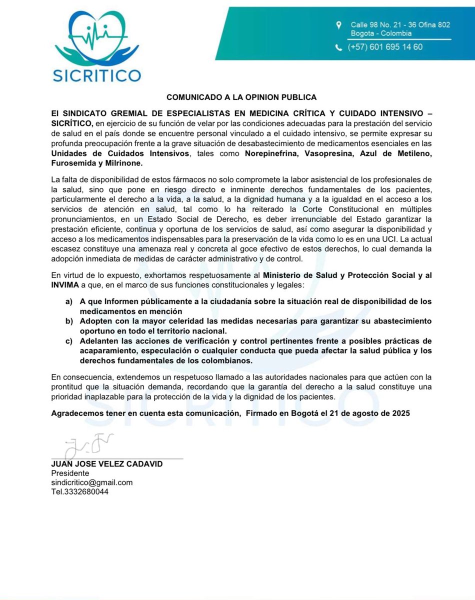 El Sindicato Gremial de Especialistas en Medicina Crítica y Cuidado Intensivo alerta sobre la escasez de norepinefrina, vasopresina, azul de metileno, furosemida y milrinone, medicamentos esenciales en las UCI.