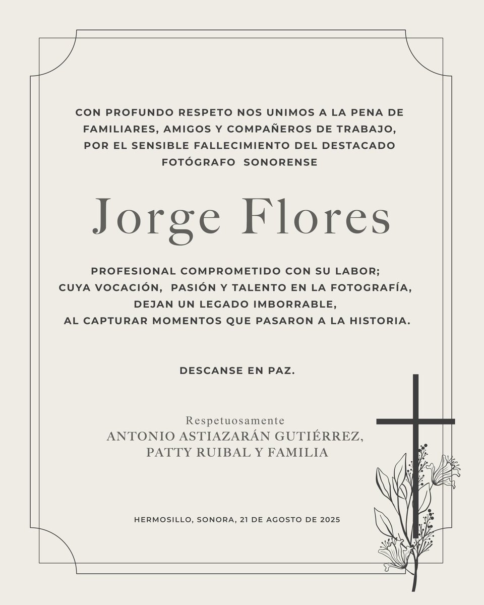Con admiración y respeto despedimos a un talentoso y apasionado fotógrafo, Jorge Flores. 

Su talento deja huella en la historia de nuestra ciudad. 

Nuestro más sentido pésame a su familia, amigos y compañeros.
Descanse en paz.