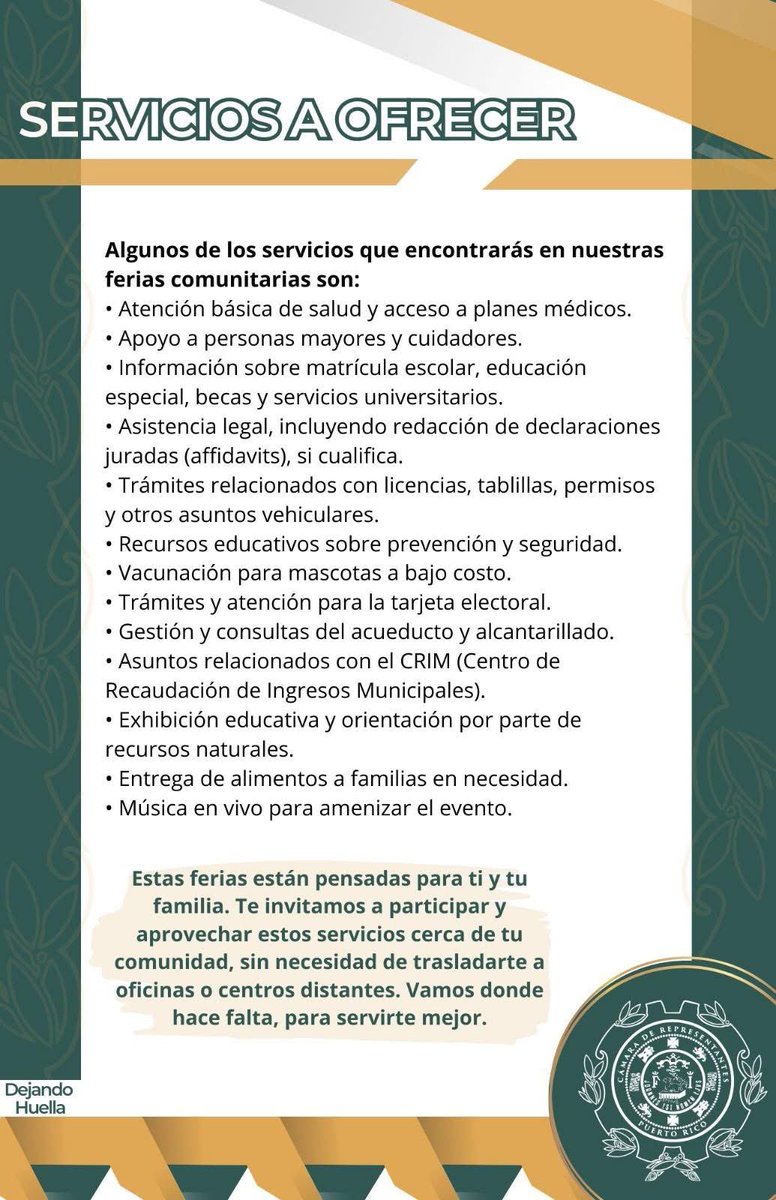 🌟 ¡Mañana es el gran día! 🌟

Desde las 9:00 a. m. te esperamos en la Feria de Servicios Gubernamentales y Salud en la Iglesia de Dios Pentecostal MI Espino, Barrio Miraflores, Arecibo.

Habrá servicios de agencias, clínicas de salud, orientación, vacunación de mascotas y música