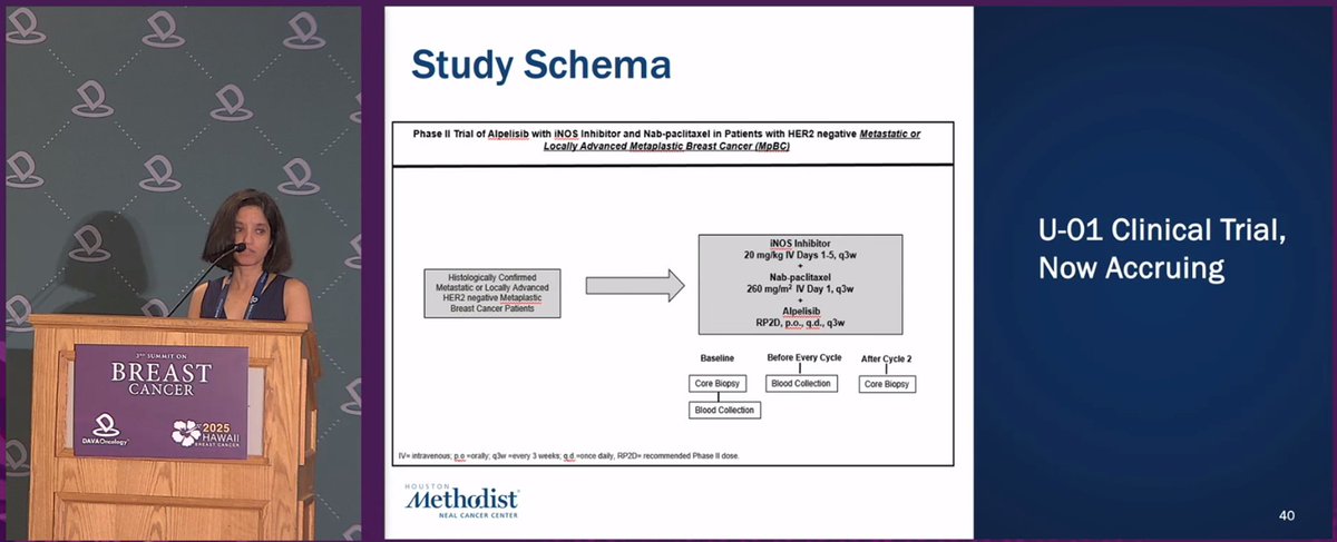 DAVAOnc's tweet image. From bench to bedside in #MpBC! Dr. Polly Niravath of @MethodistHosp presents translational evidence that iNOS inhibition plus chemotherapy may impact tumorbiology, with biomarker-defined strategies now advancing into the clinic.
#DAVABreast #BreastCancer