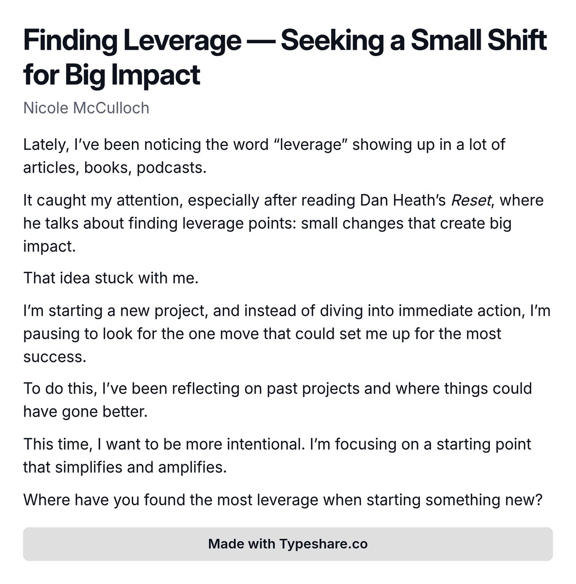 NicoleMcCull's tweet photo. There's action... and there's leverage. I'm taking a different approach to get started on a new project.

#changemanagement #changeleadership #improvement #leverage #workingsmarter https://t.co/87lxnVmJ56