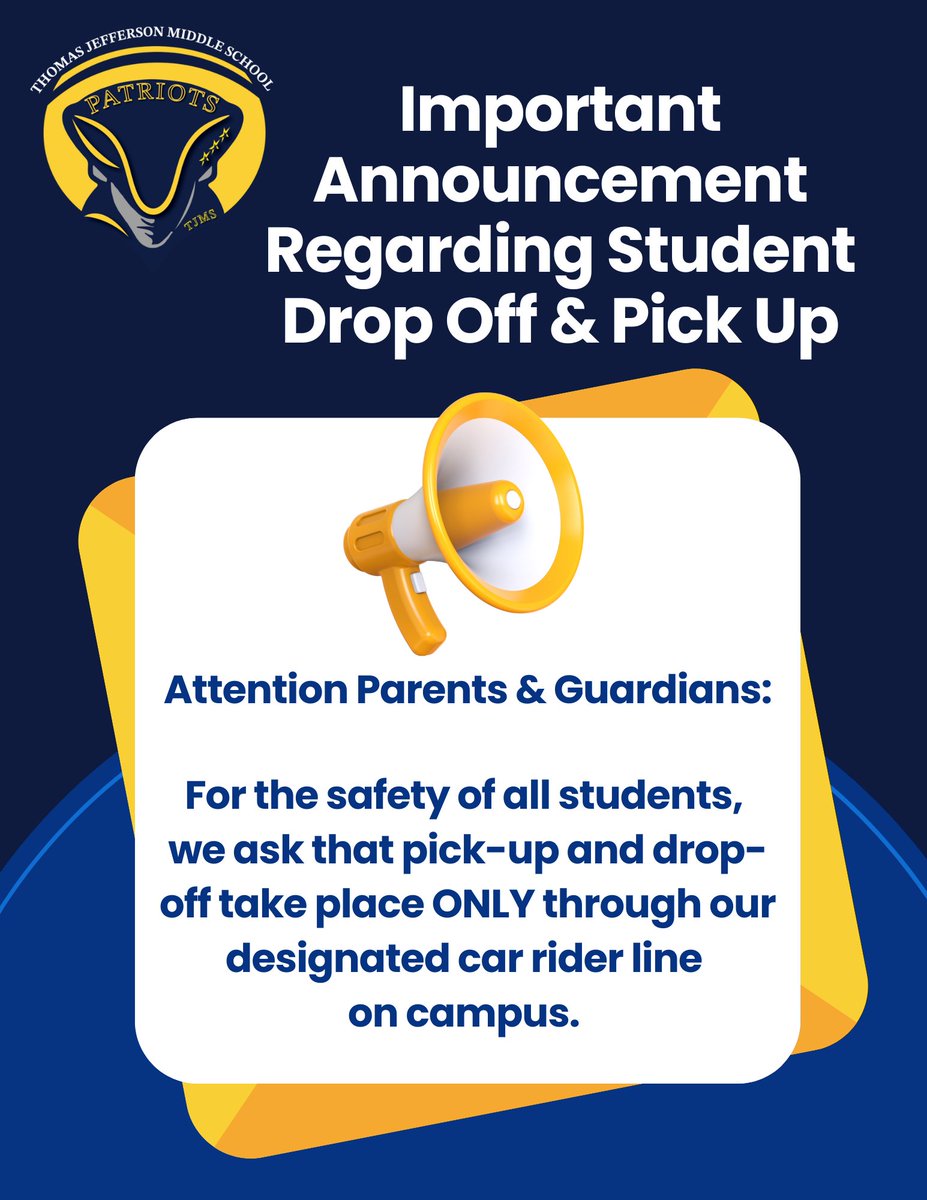 Thomas Jefferson Middle School (@tjeffersonms) on Twitter photo For the safety of students, we ask that pick-up & drop-off take place ONLY through our car rider line. Once students leave school grounds, we cannot ensure their safety. TJMS offers an on-site afterschool program: contact Magan Russell at 336-712-2000 or m.russell@ymcawnc.org For the safety of students, we ask that pick-up & drop-off take place ONLY through our car rider line. Once students leave school grounds, we cannot ensure their safety. TJMS offers an on-site afterschool program: contact Magan Russell at 336-712-2000 or m.russell@ymcawnc.org