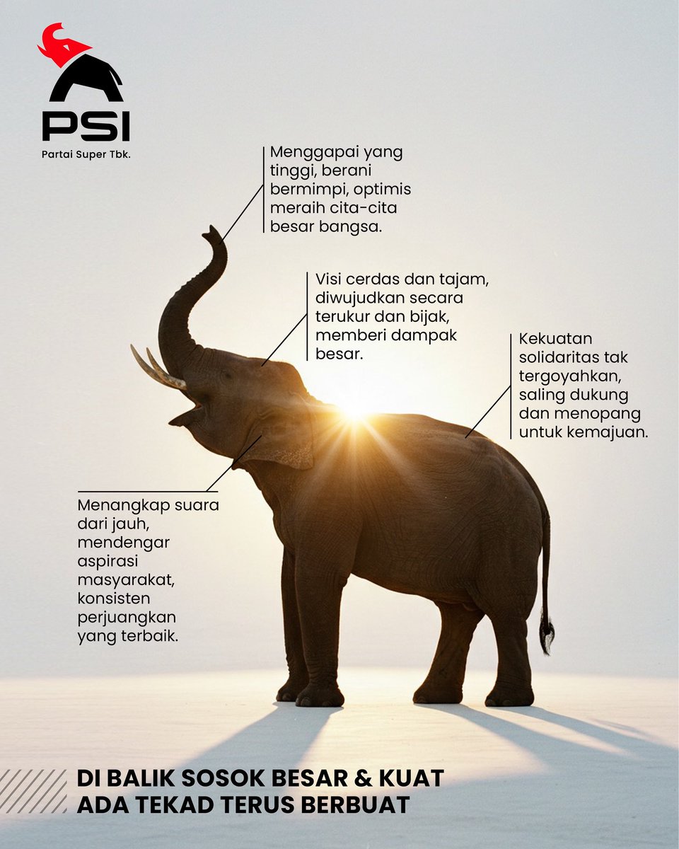 Besar tapi nggak asal besar.
Kuat tapi nggak asal kuat.
Gajah PSI hadir dengan visi jelas, telinga lebar buat dengerin rakyat, dan semangat buat majuin Indonesia. 🐘🇮🇩

#PSI
#GajahPSI
#IndonesiaMaju