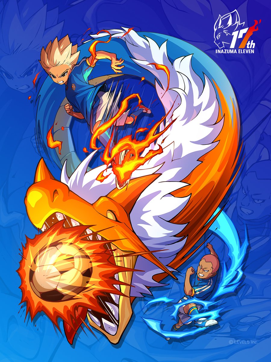 ＼#InazumaEleven 17th Anniversary!／

Today marks the 17th anniversary of the Inazuma Eleven series!
Thank you as always for your unwavering support!

Here's a shot burning with passion, to celebrate this special occasion! 🔥
No. 17, Kevin Dragonfly, together with Axel Blaze,