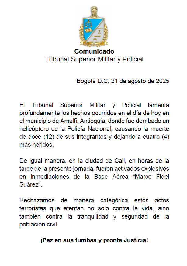TribunalJPMPCol's tweet photo. Rechazamos de manera categórica estos actos terroristas que atentan no solo contra la vida, sino también contra la tranquilidad y seguridad de la población civil. https://t.co/gP2rSCxenh