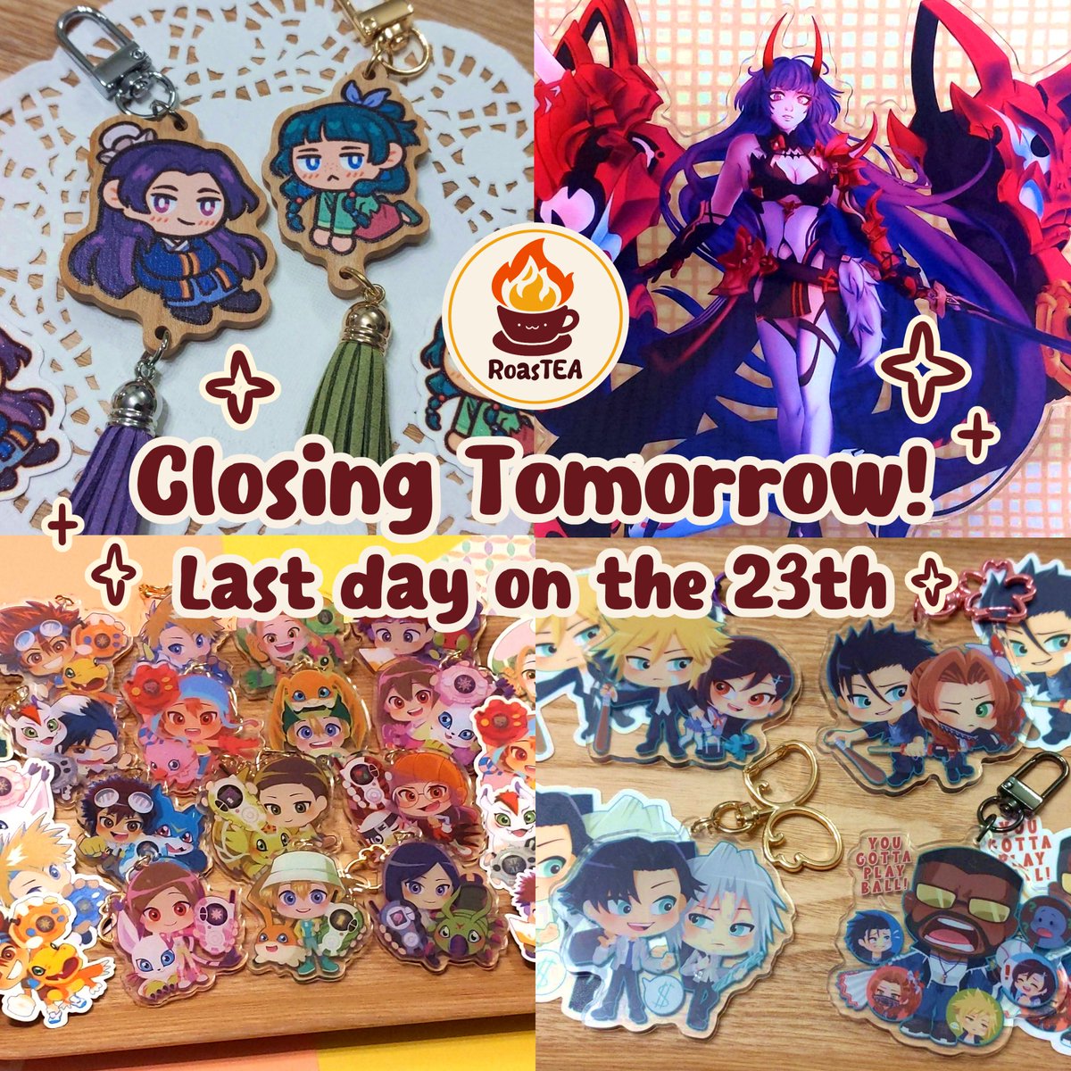 Roasteasg's tweet photo. We're closing our online shop tomorrow...!!
Please check out our shop in the link in our bio! ✨ 
And thank you all so much for your generous support!! ☺️

#apothecarydiaries #honkaiimpact #digimon #ff7 https://t.co/fYaBOTR7NC
