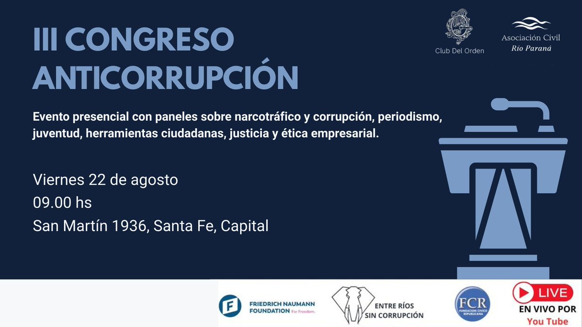 III Congreso Anticorrupción en Argentina   

Mañana se llevará a cabo una nueva edición del "Congreso Anticorrupción de Santa Fe 2025" organizado junto a <a href="/rioparanastafe/">Asociación Civil Río Paraná</a> y <a href="/ERSinCorrupcion/">Entre Rios sin corrupcion</a> 

Desde el interior del país se abordarán junto a expertos los principales desafíos en