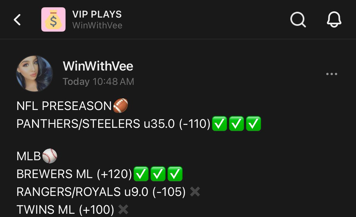 TODAYS RECAP: 2-2😗

PANTHERS/STEELERS u35.0✅✅✅
BREWERS ML (+120)🐶🐶✅✅✅
RANGERS/ROYALS u9.0✖️
TWINS ML✖️