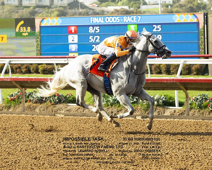 Take care of the horse, the horse will take care of you… Farfellow Farms reached out to claim their homebred Impossible Task to give him a home forever and rewards them with an 8l victory <a href="/DelMarRacing/">Del Mar Racetrack</a> under <a href="/JockeyHerrera/">Diego Herrera</a> in a swift 1’36!Congrats Kip and Jack. Thanks for caring