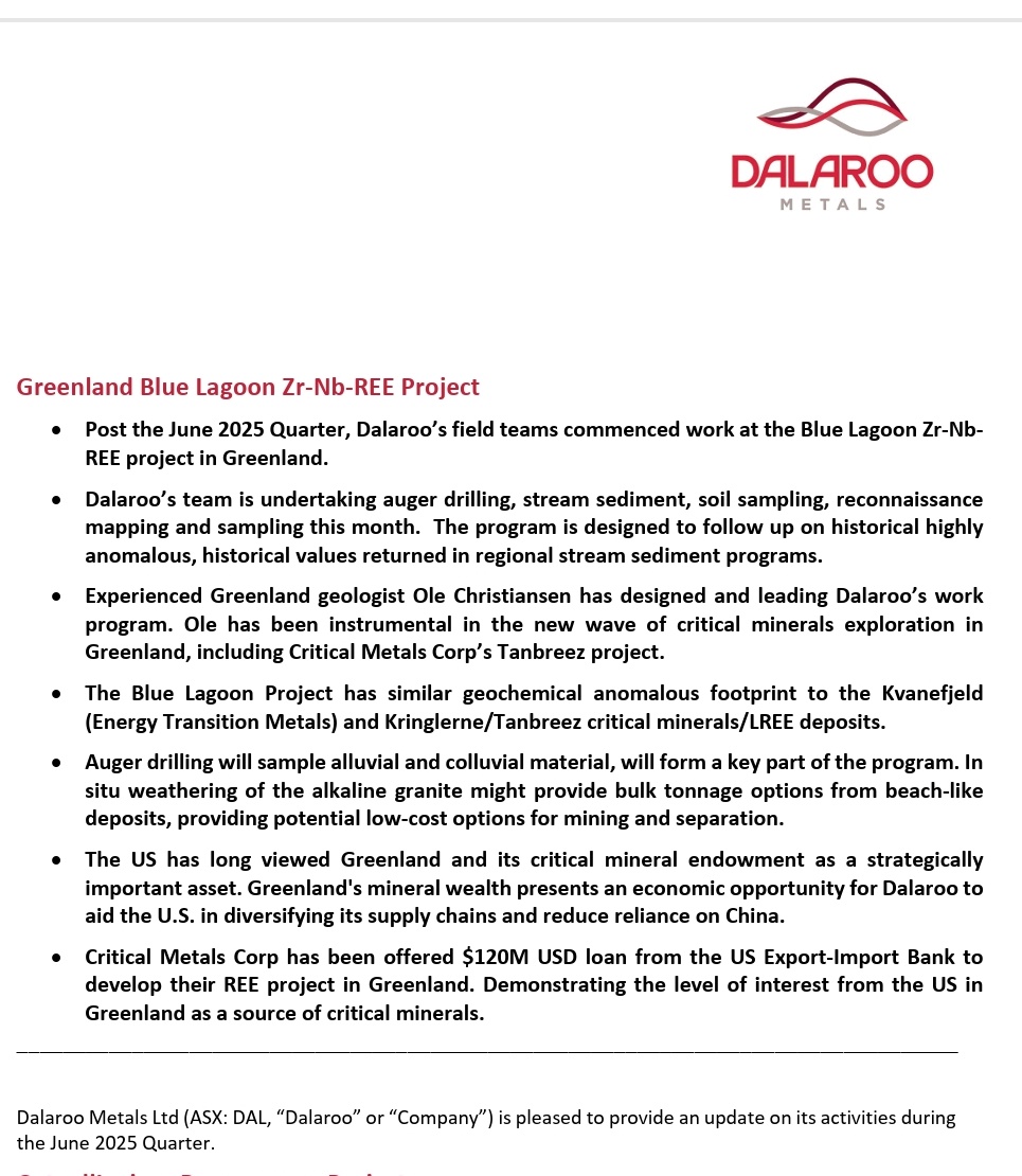 $DAL 4.3c NOW💥
19.44% UP⏫

1 of 3 #Greenland #REE Plays in #ASX 👇

1. $ETM $ 150M MC
2. $EPM $ 90M MC
&amp;
3. $DAL WITH JUST $ 13M MC

Plus $DAL has #GOLD Project in Ivory Coast💥

AT 10c $DAL MC WILL BE JUST UNDER $ 30M🤯

DYOR, SET IN EARLY &amp; ENJOY
