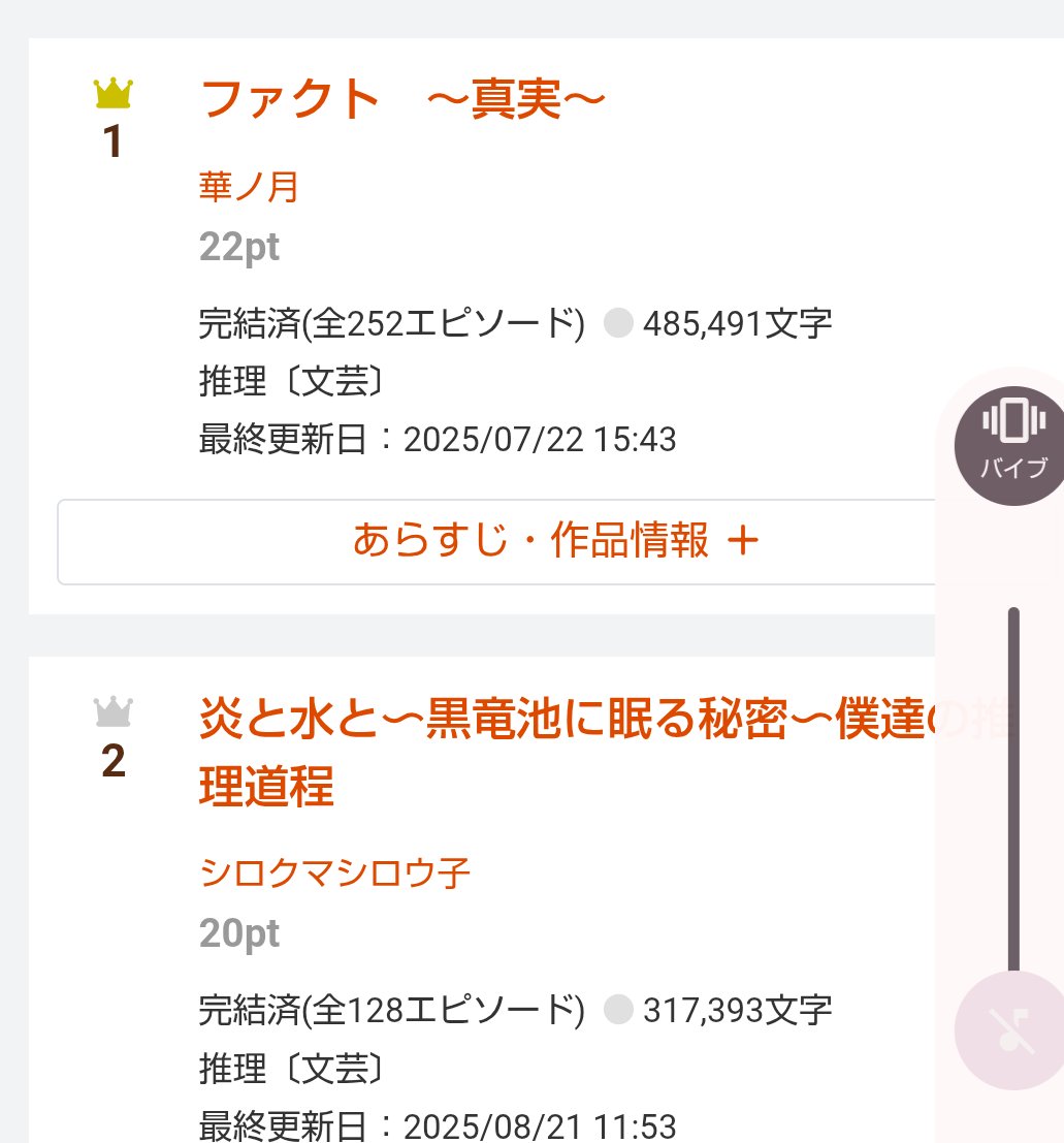 完結済、コメディ有りのミステリー作品です✨

㊗️8月22日のランキングで日間1位を頂きました✨
是非、読んでみてください✨

「ファクト　〜真実〜」
ncode.syosetu.com/n6062ip/
