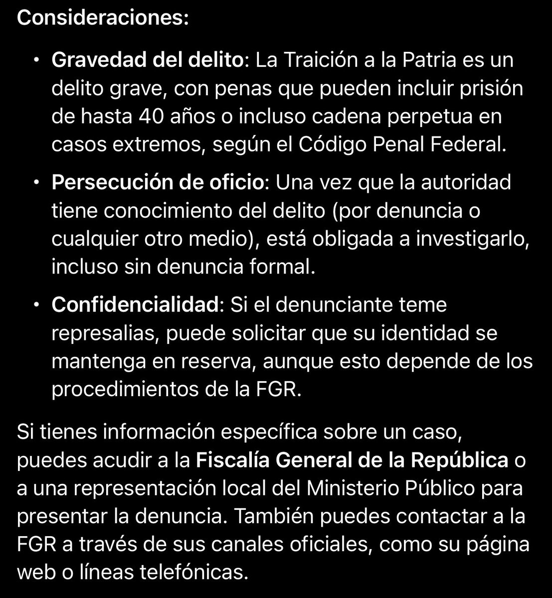 veronicacamino's tweet photo. Vamos a darle un poco más de contexto al hecho del por qué la del @senadomexicano no ha sido denunciada por Traición a la Patria.

La Senadora @LillyTellez sabe bien lo que hace, pues sus actos, que hasta ahora constituyen el delito de Tentativa de Traición a la Patria, se escudan en el artículo 61 de la Constitución Política; en ese artículo está consagrada la #Inviolabilidad por opinión, esto es que puede decir CUALQUIER COSA, sin recibir una sanción, aunque fuere una mentira o un llamado a cometer #TraiciónALaPatria.

Si no fuera Senadora, podría ser denunciada e investigada la por Tentativa. Pues aunque en estos momentos se desdiga, alegando que no pidió intervención sino ayuda, bien sabe lo que ha dicho en el #Senado y otros espacios.

Por otra parte, la autoridad del país a donde fue a “solicitar” ayuda no le ha hecho caso, porque ahora #México cuenta con un ordenamiento legal, mismo que aprobamos hace poco, para hacer operaciones conjuntas con las distintas #AgenciasDeInteligencia.

POR CIERTO que el PAN votó en contra, ¿qué hipocresía no? *Le pide al país vecino intervenir en México para acabar a los cárteles, pero en el Senado vota en contra de darle a México el ordenamiento jurídico y las herramientas para trabajar con las agencias del país vecino de forma coordinada. 

Tontos los que creen que el pueblo es tonto.

Y en cuanto al medio de comunicación, queda exento por libertad de expresión. Lo que sí es que me da curiosidad saber ¿quién habrá pagado esa entrevista? 

Por lo que resulta MUY importante es hacerle de su conocimiento a todo nuestro Pueblo que el #PAN (¿el #PRI también?) apoya el intervencionismo y están dispuestos a VENDER A MÉXICO las veces que sean necesarias, pues hasta hoy no se han deslindado de los dichos de la senadora de su bancada y, por lo tanto, todas y todos, son unos #TraidoresALaPatria. 

Gracias a quienes me piden información sobre este tema, creo que con este texto les he podido resolver algunas dudas que pueden generar intranquilidad. 

Yo estoy tranquila y confío en el @GabSeguridadMX y en nuestra Presidenta @Claudiashein.

Aquí les dejo información sintetizada por Grok y Google 👇🏻