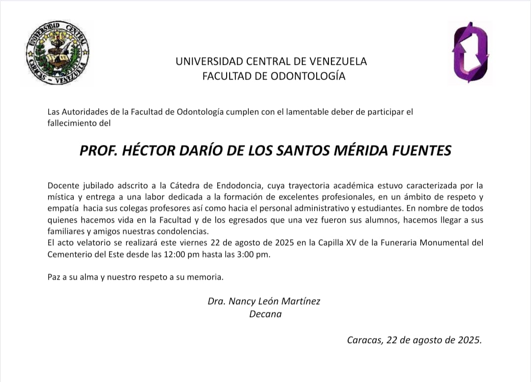 Lamentamos informar el fallecimiento del profesor Héctor Darío De Los Santos Mérida Fuentes. Paz a su alma