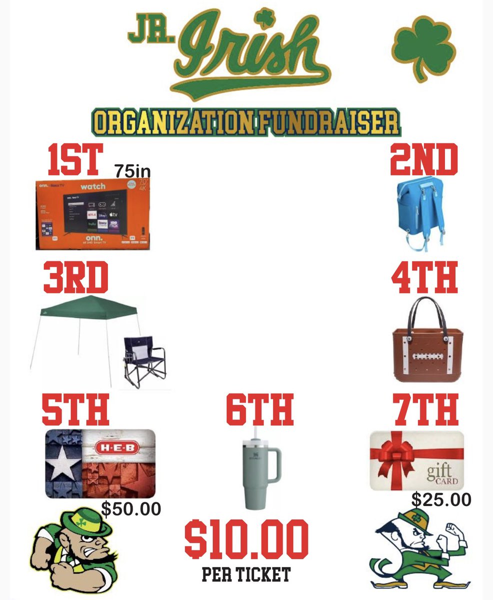 ALRIGHT EVERYONE, IT'S ABOUT THAT TIME! Jaimito's VERY FIRST FOOTBALL FUNDRAISER. 😭😭😭😭

- Raffle tickets are $10 a piece
- Raffle will be held on September 2, 2025
- You do NOT have to be present to win

Plz message me if you want in!

Thank you so much! LET'S GO IRISH! 🍀💪
